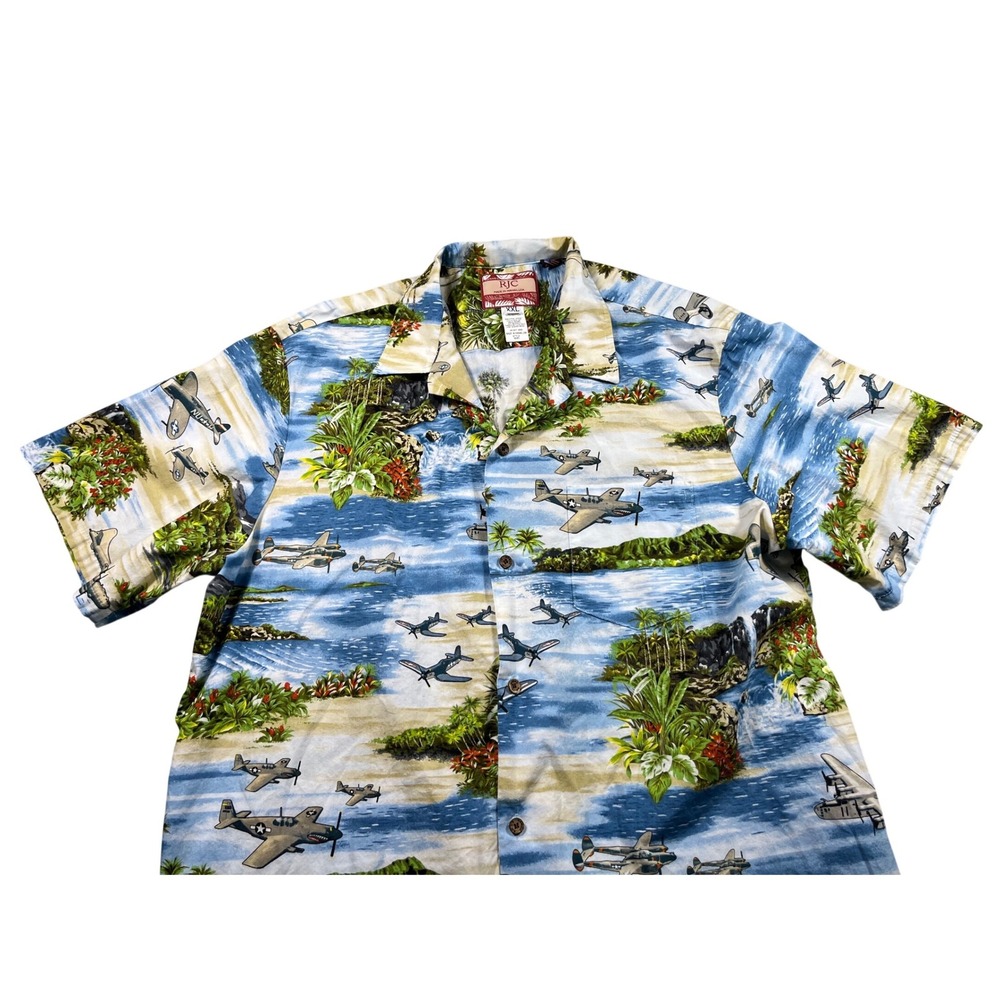 RJC Hawaii Aloha‎ Shirt XXL Tropical Airplane Scenic Print Button Up USA Made